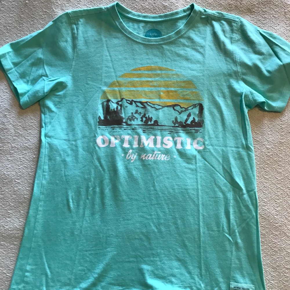 “Optimistic by nature,” aqua T-shirt, NWT, Small
